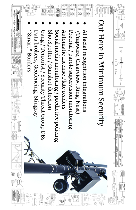 Out Here in Minimum Security  Al facial recognition integrations  (Trapwire, Clearview, Ring, Nest)  Pretrial / parole supervision monitoring Automatic License Plate readers  Social media monitoring / predictive policing ShotSpotter / Gunshot detection  Gang / Terrorist / Security Threat Group DBs Data brokers, Geofencing, Stingray  “Smart” Borders  